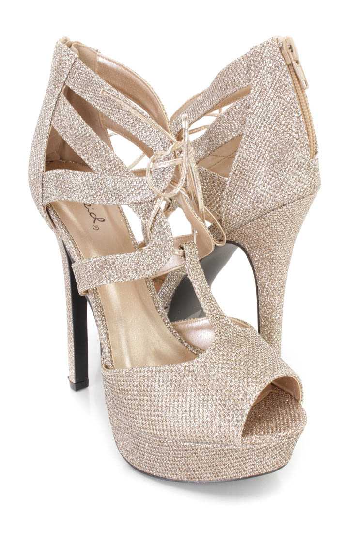Champagne Lace Up Peep Toe Platform High Heels Glitter