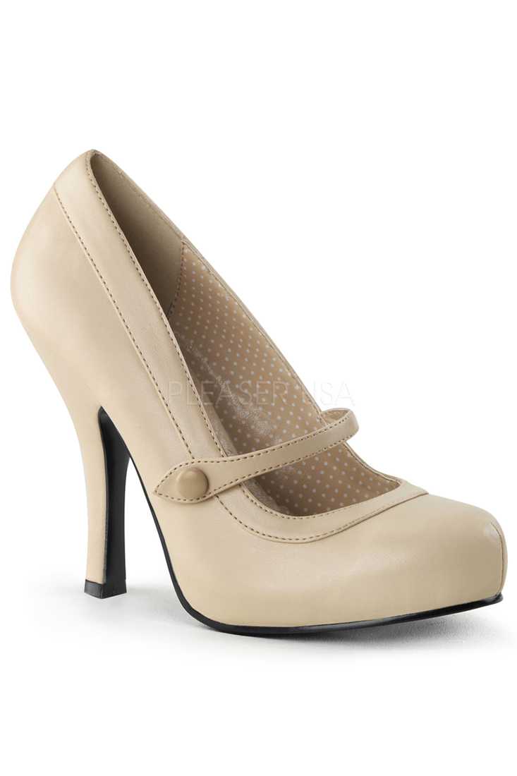 Cream Leather Strapped High Heels Faux Leather
