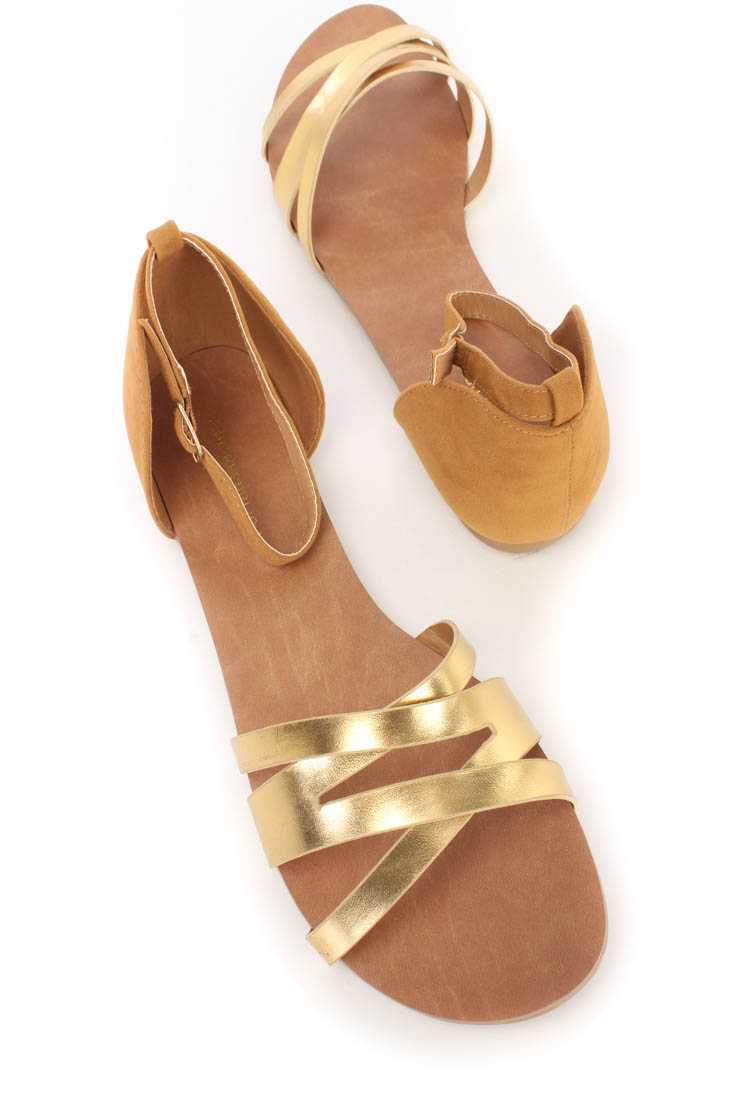 Gold Strappy Detailing Open Toe Sandals Faux Leather