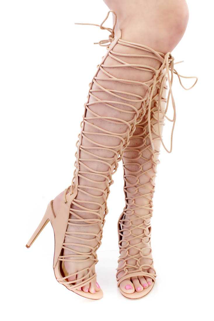 Nude Lace Up Strappy Single Sole Gladiator Heels Faux Leather