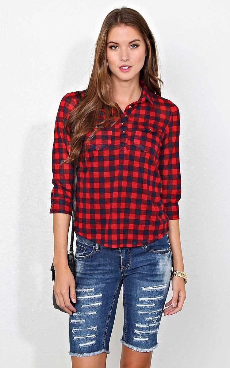 Carson Knit Henley Plaid Top - LGE - Red Combo in Size Large by Styles For Less