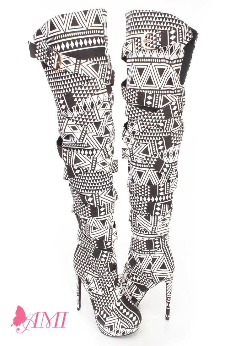 Black White Tribal Pattern Thigh High Heel Boots Fabric