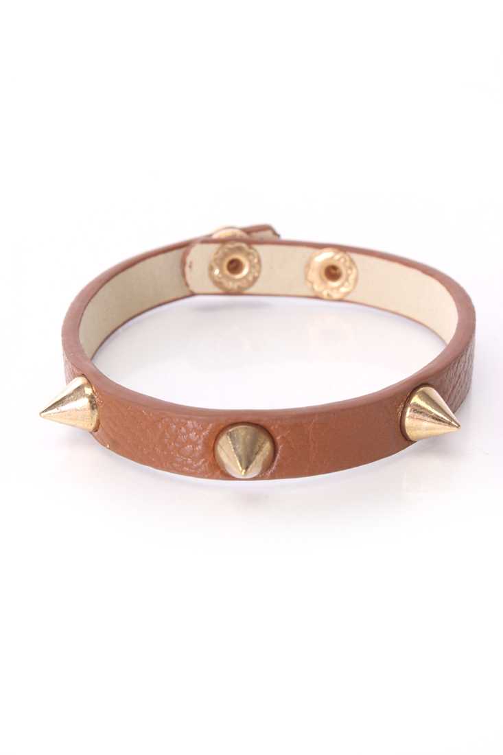Brown Faux Leather High Polish Studded Spike Bracelet