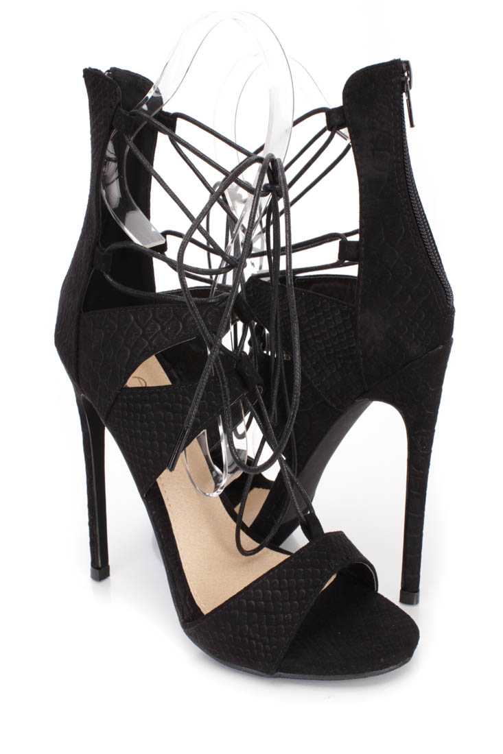 Black Snake Skin Textured Single Sole High Heels Faux Suede