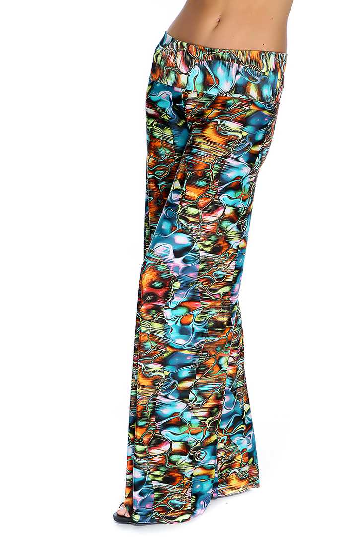 Teal Rust Watercolor Print Wide Leg Cute Casual Pants