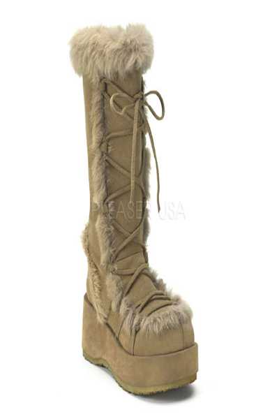 Camel Faux Leather Fur Trim Knee Boots