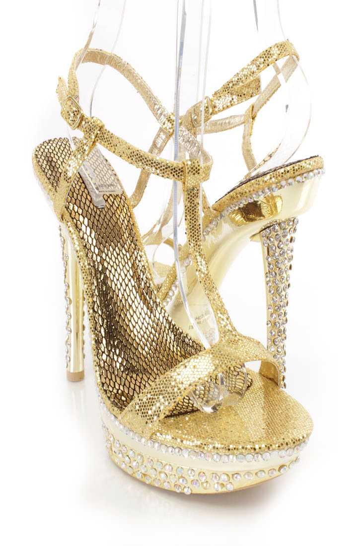 Gold T Strap Rhinestone Platform High Heels Glitter