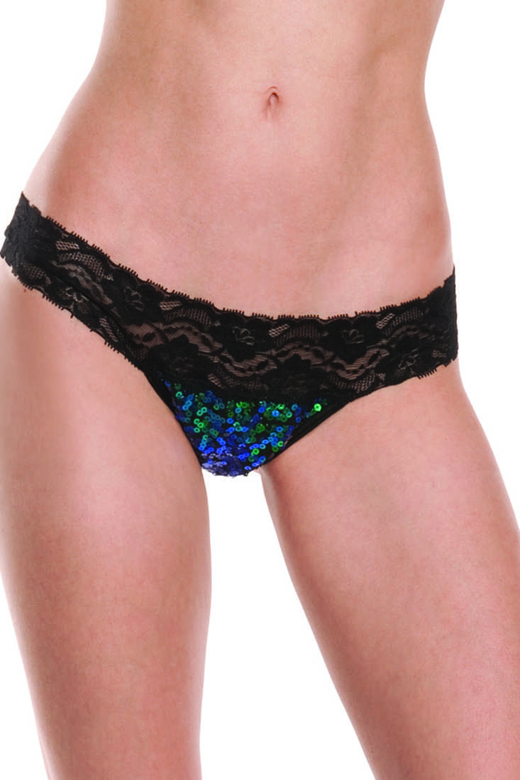 Turquoise Sequin Floral Lace Band Sexy Pucker Cheeky Panty