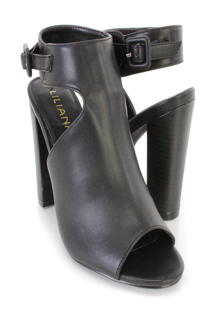 Black Peep Toe Single Sole Chunky Heels Faux Leather