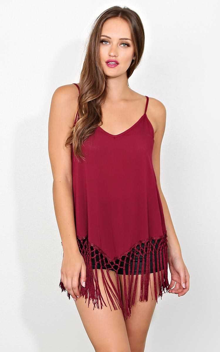 Boho Swing Fringe Tank - SML - Burgundy in Size Small by Styles For Less