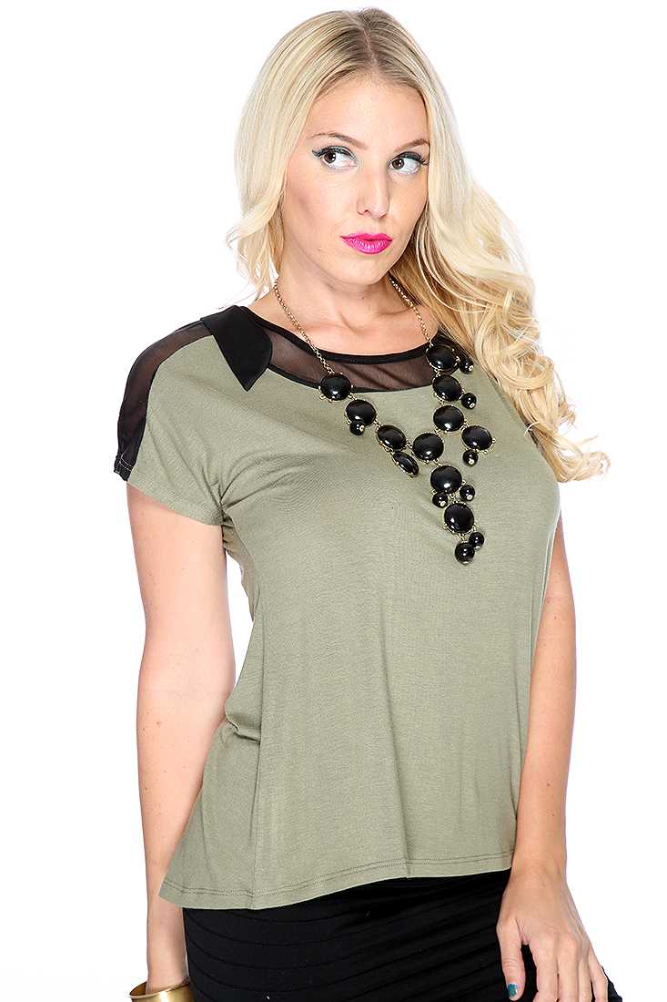 Olive Black Short Sleeves Mesh Cut Out Casual Top