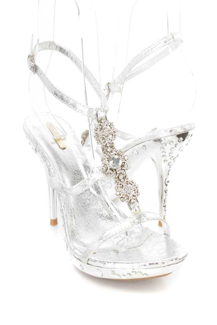 Silver Rhinestone Strappy Pendant Heels Faux Leather