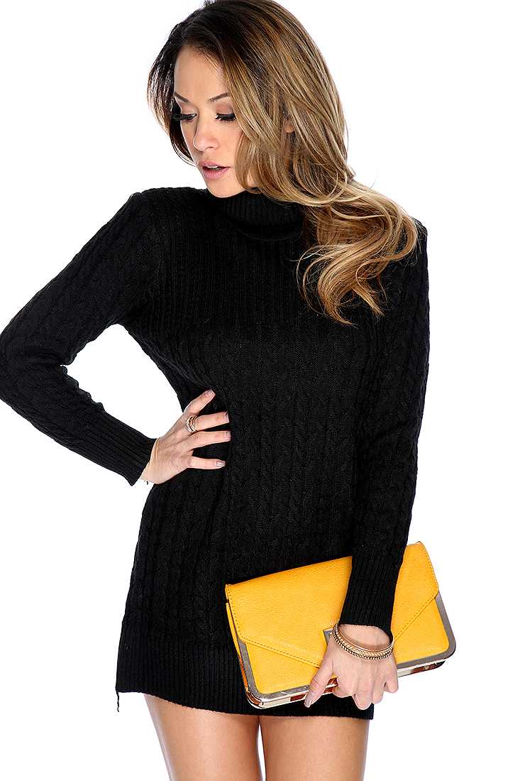 Sexy Black Cable Knitted Turtle Neck Sweater Dress