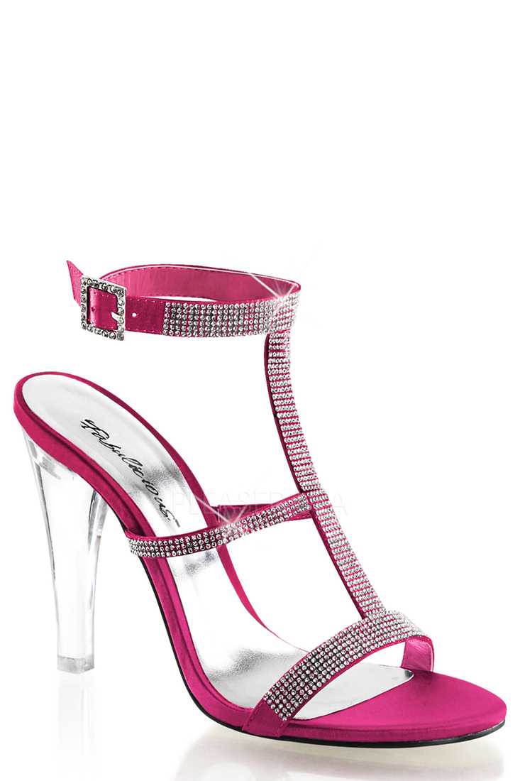 Fuchsia Rhinestone T Strap Satin High Heels