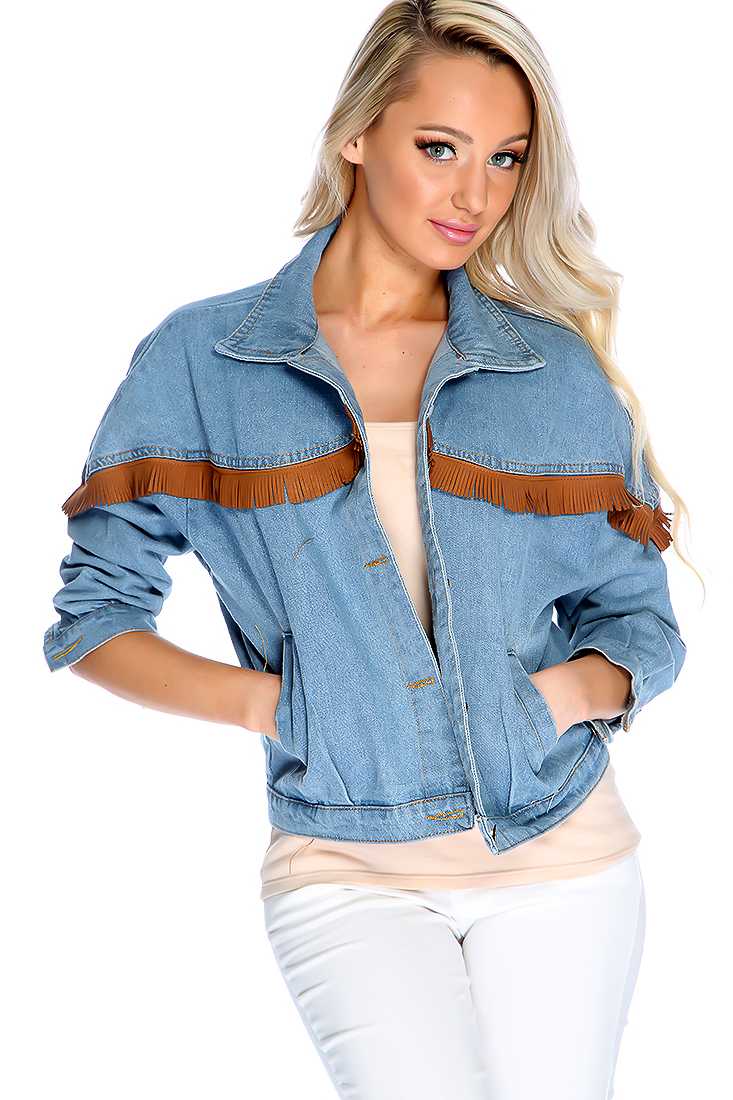 Light Blue French Detailed Long Sleeve Jean Jacket