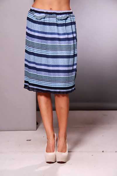Blue Multi Stripe Print Elastic Band Pleated Detail Skirt