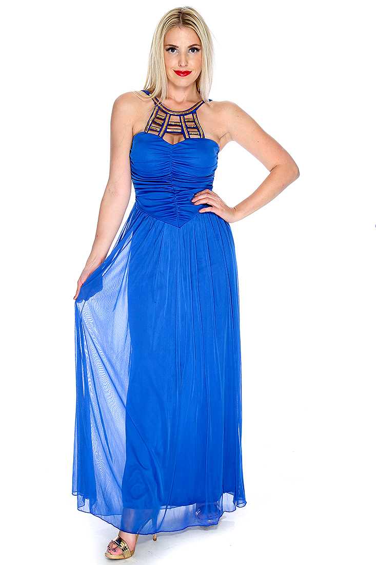 Sexy Prom Dress Royal Blue Caged Metal Mesh Maxi