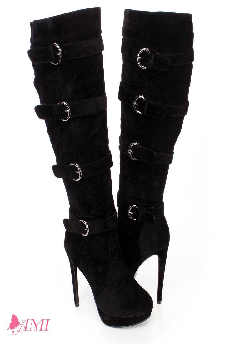 Black Strappy Sexy High Heel Boots Faux Suede