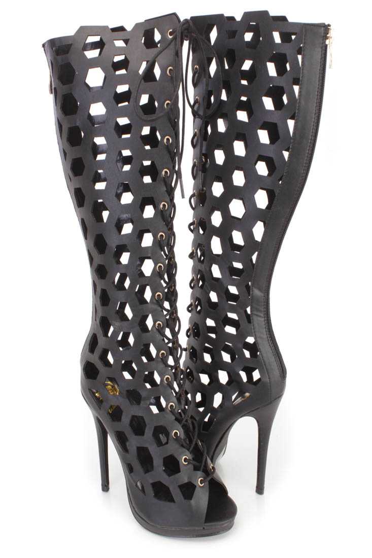 Black Honeycomb Cut Out Gladiator Heels Faux Leather
