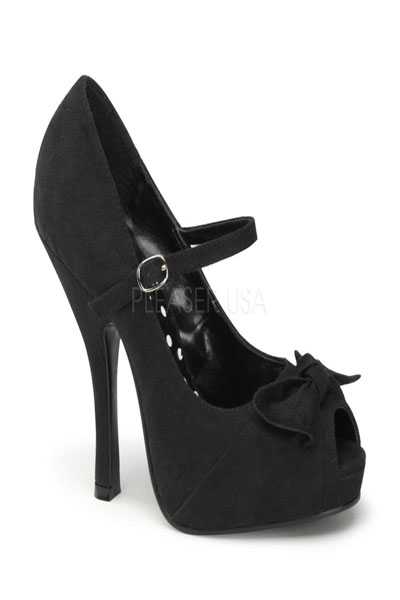 Black Faux Suede Leather Mid Strap Bow Tie High Heels