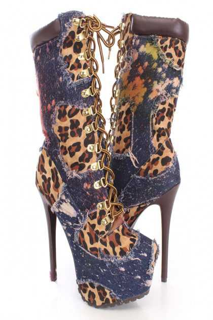 Navy Multi Lace Up Platform Boots Canvas Fabric