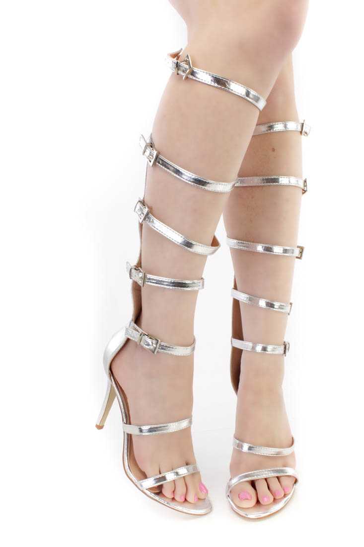 Silver Strappy Single Sole Gladiator High Heels Faux Leather