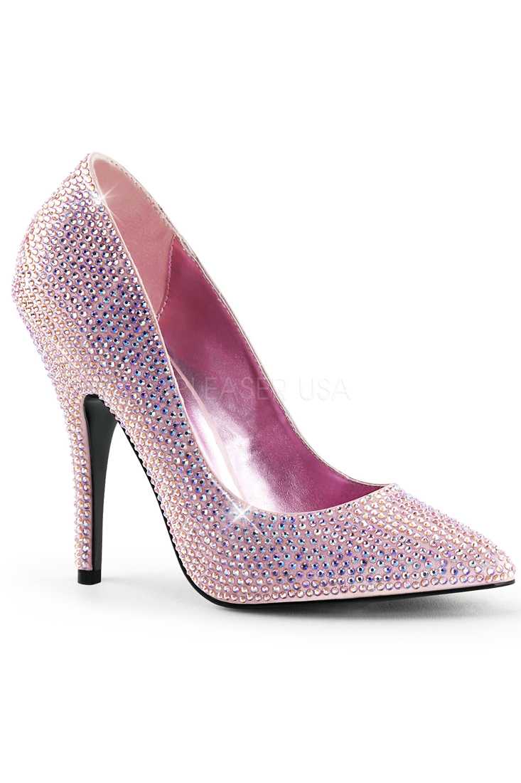 Baby Pink Rhinestone Single Sole Pump High Heels Satin