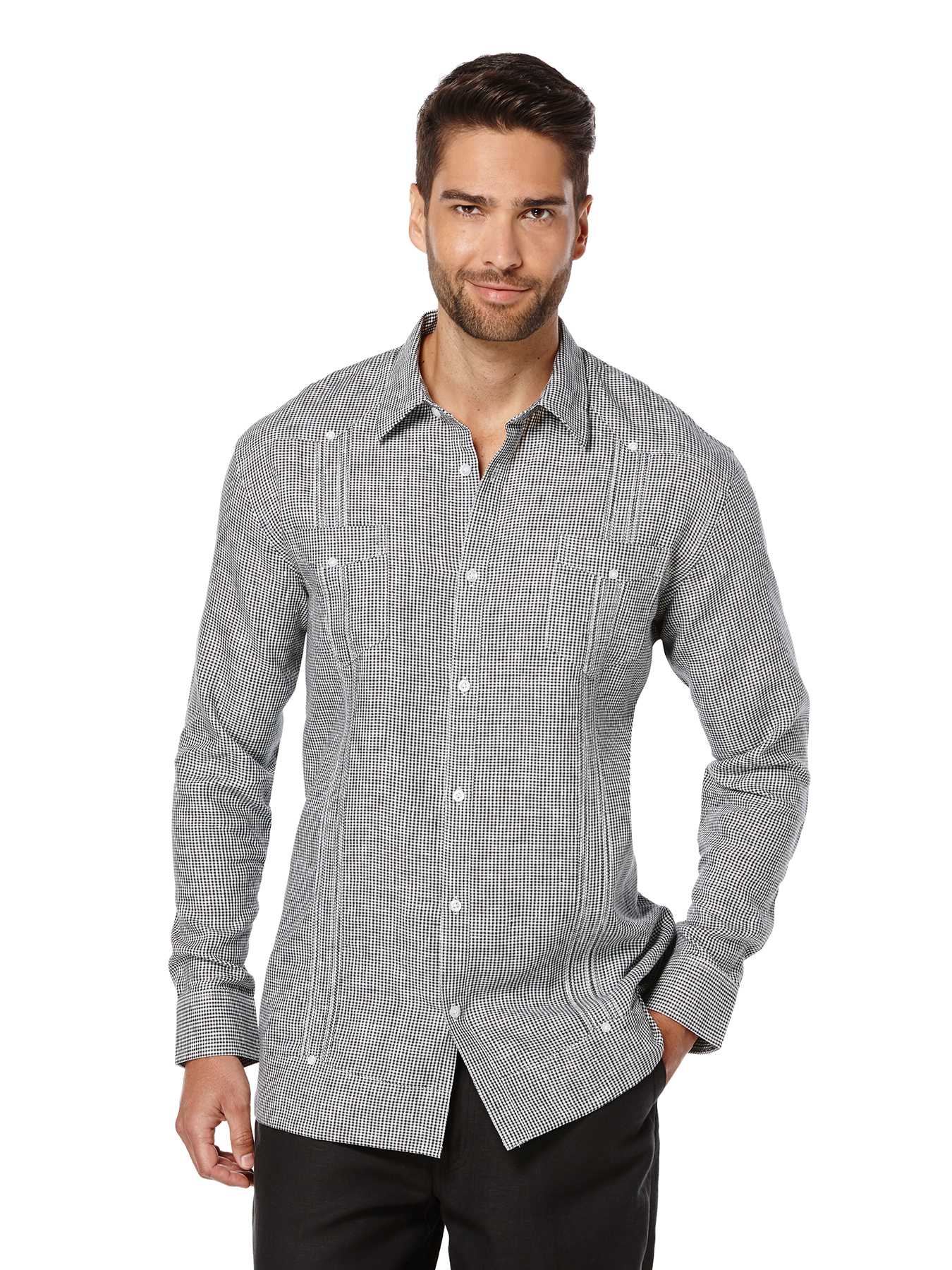 Cubavera 100% Linen Long Sleeve Gingham 2 Pocket Guayabera