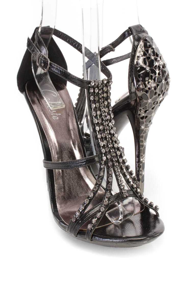 Black Rhinestone Strappy High Heels Faux Leather