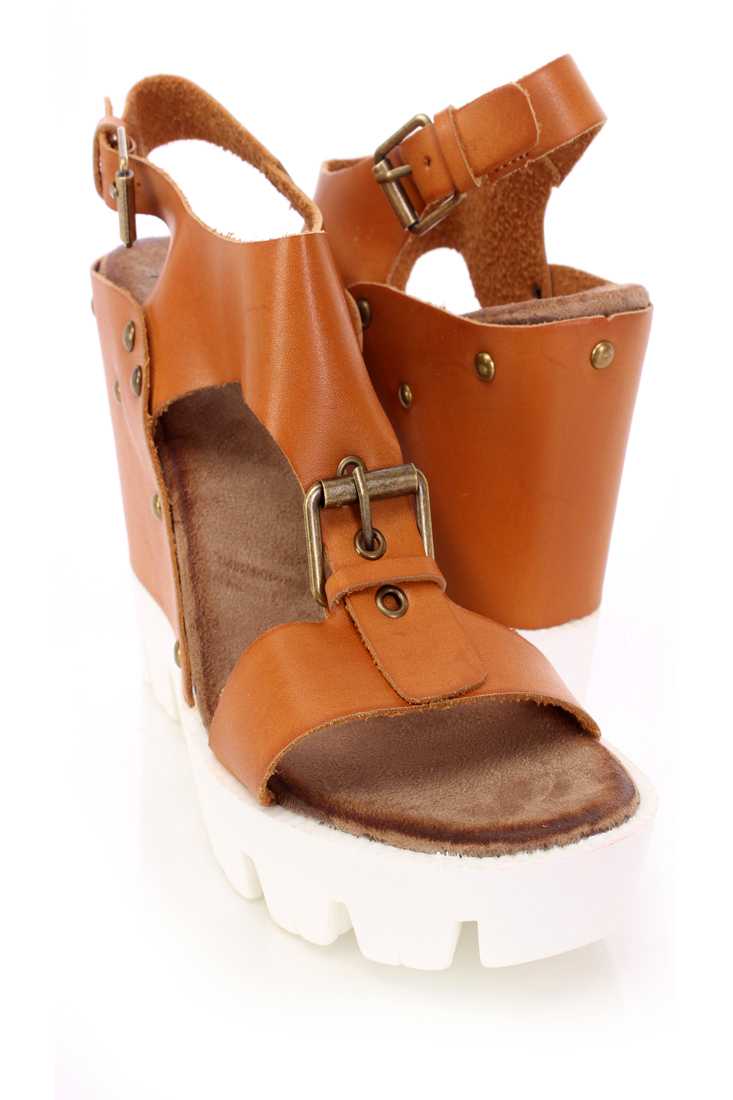 Tan Buckle T Strap Wedges Faux Leather
