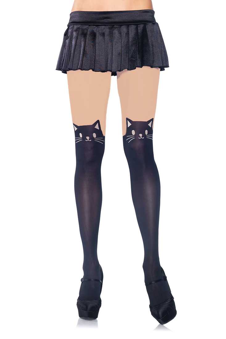 Nude Black Cat With Sheer Thigh Accent Pantyhose