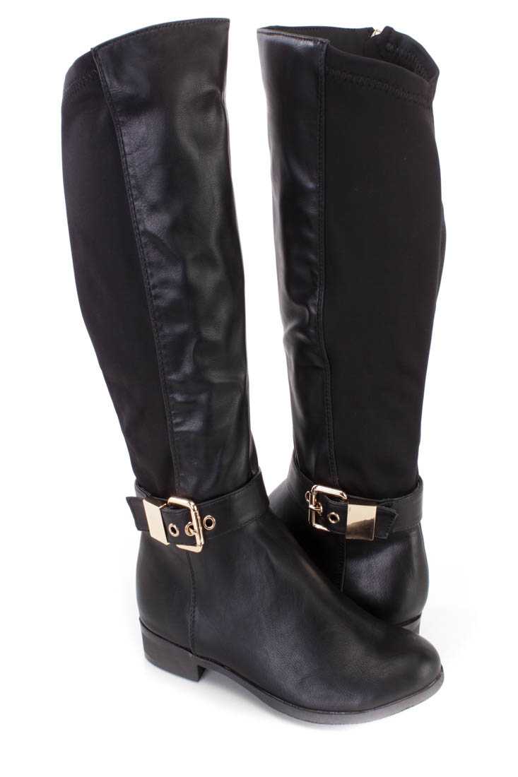 Black Buckle Strapped Riding Boots Faux Leather