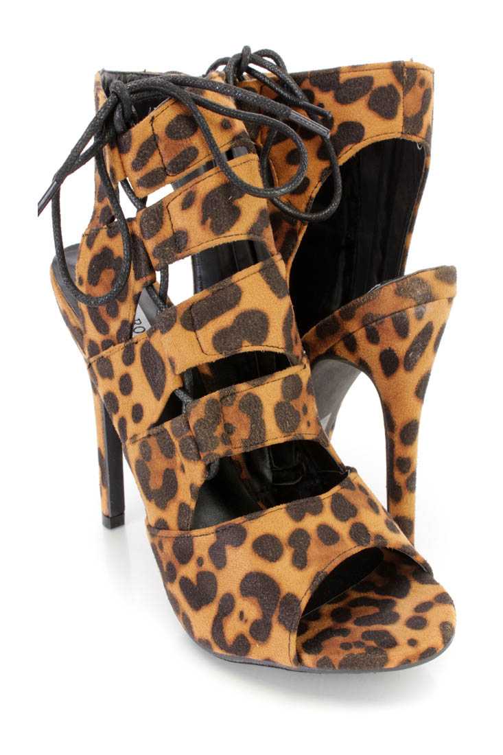 Leopard Strappy Lace Up Single Sole Heel Booties Nubuck