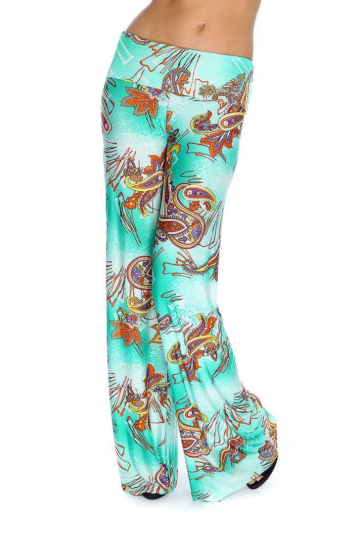 Mint Purple Paisley Print Wide Leg Cute Casual Pants
