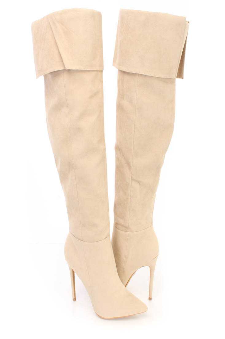 Nude Cuffed Knee High Heel Boots Faux Suede