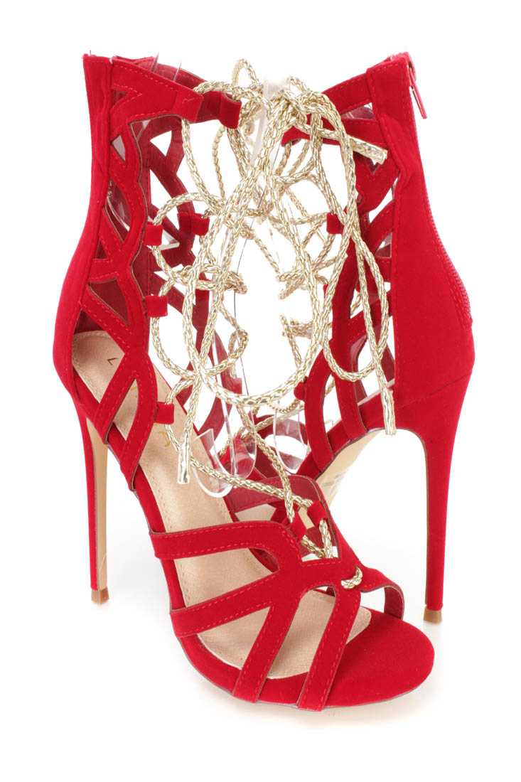 Red Metallic Lace Up Single Sole High Heels Faux Suede