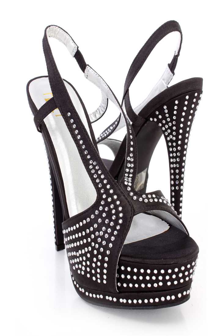 Black Rhinestone Strappy Platform High Heels Satin