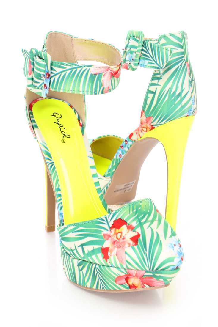 Green Multi Printed Platform High Heels Fabric