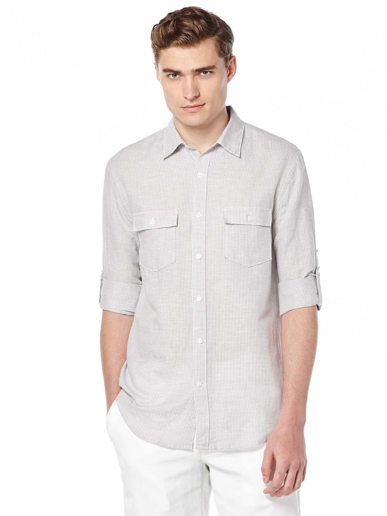 Perry Ellis Double Pocket Roll Sleeve Linen Shirt