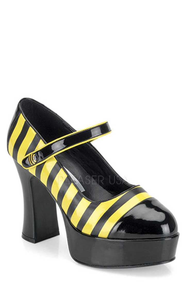 Black Yellow Bumble Bee Maryjane High Heels Patent