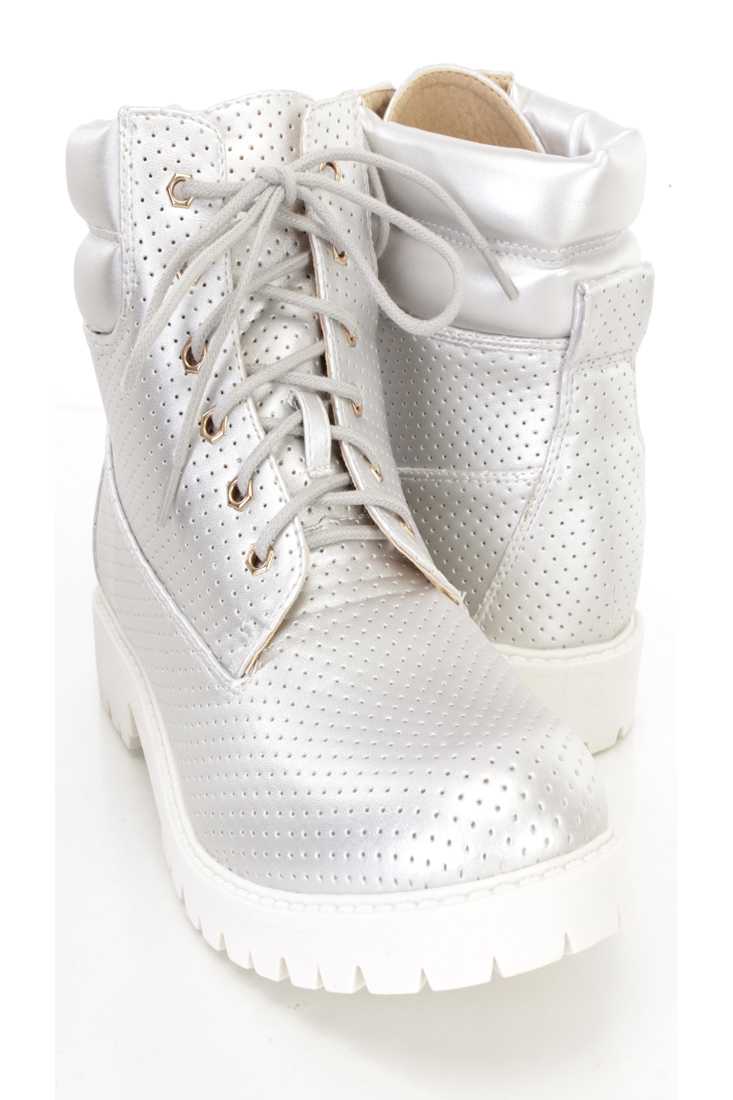 Silver Perforated Lace Up Boots Faux Leather