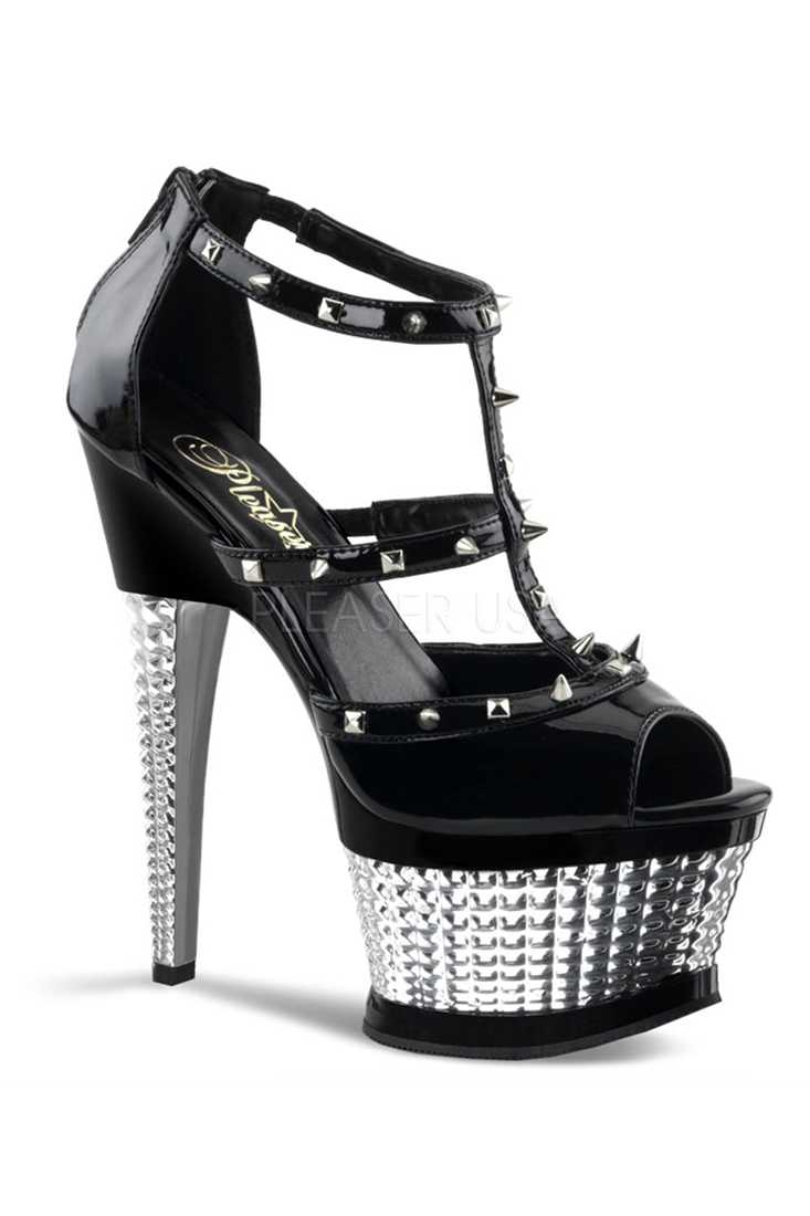 Black Silver T-Strap Sandal Sandal Heels Patent