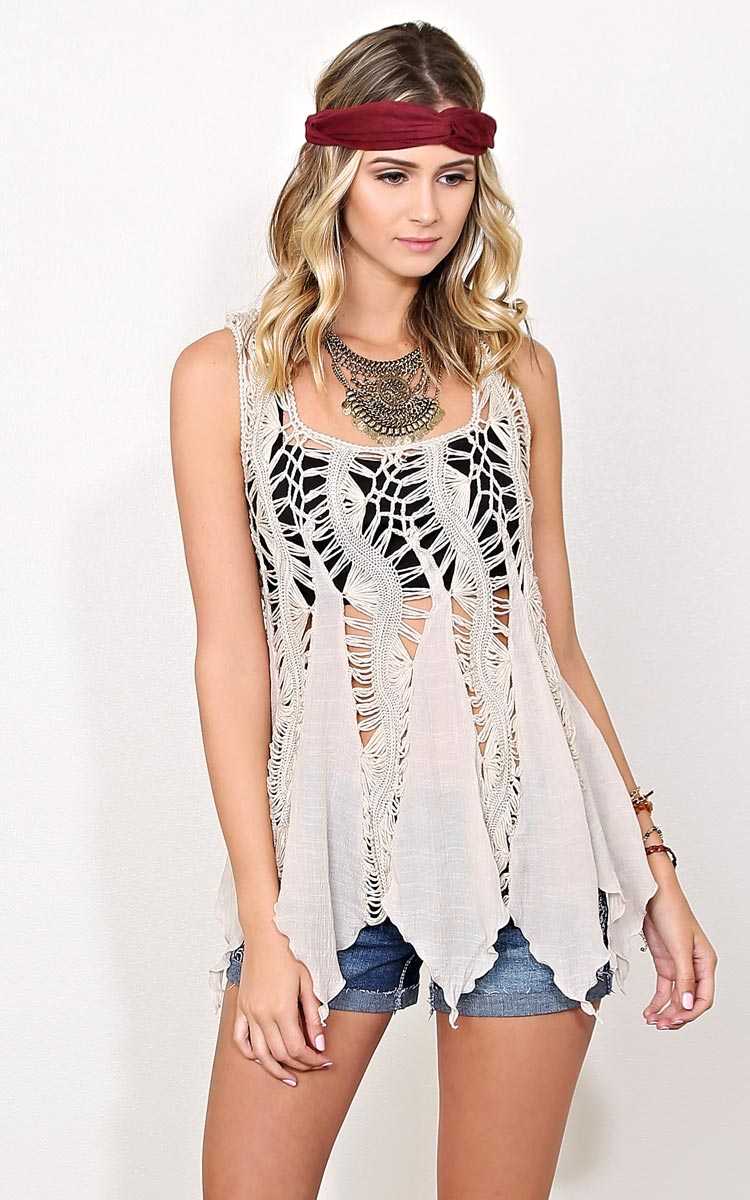 Crysta Lattice Crochet Tunic - LGE - Ivry/Natrl in Size Large by Styles For Less