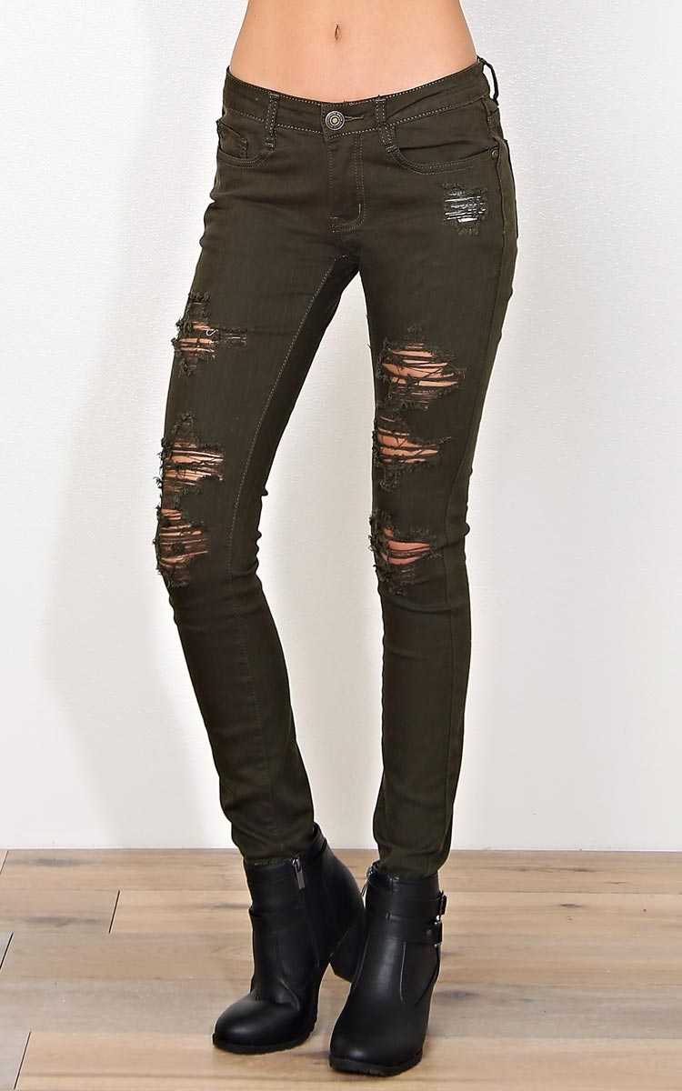 MACHINE Olive Distressed Skinnies - Olive/Drab in Size 1 by Styles For Less