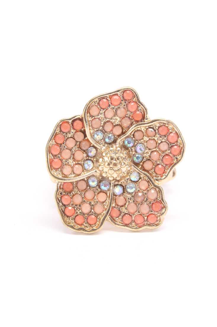 Salmon High Polish Faux Diamond Gemstone Accent Flower Ring