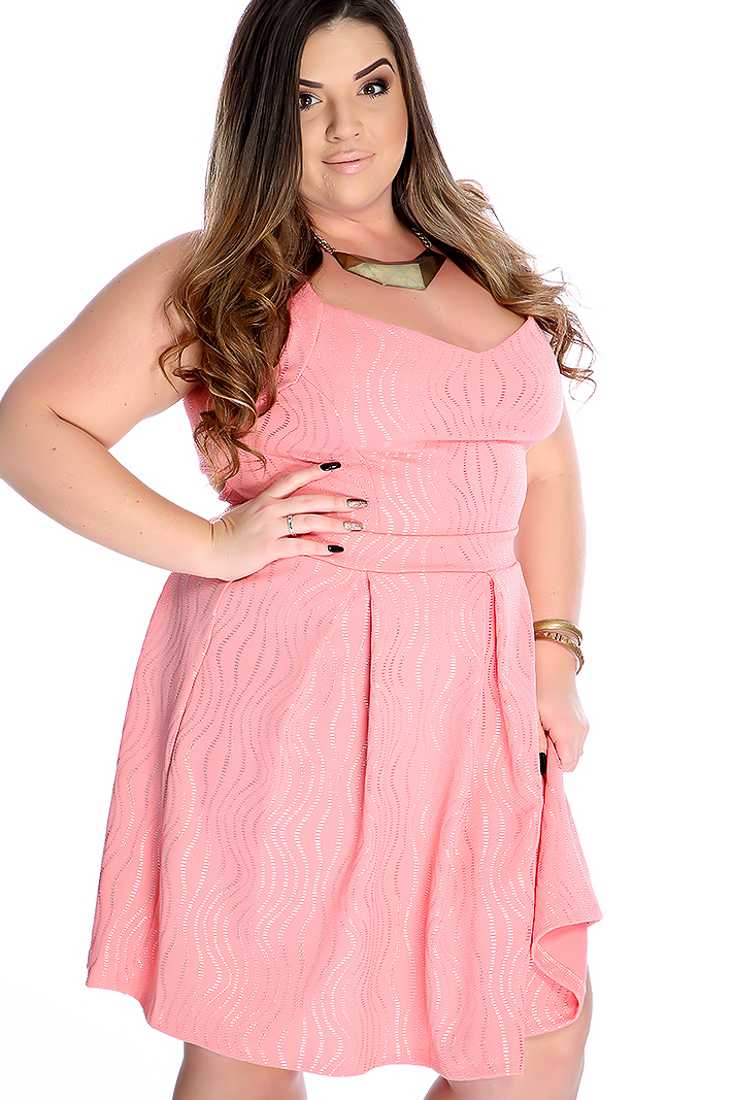 Sexy Coral Plus Size Sleeveless Shimmer Print Cocktail Dress