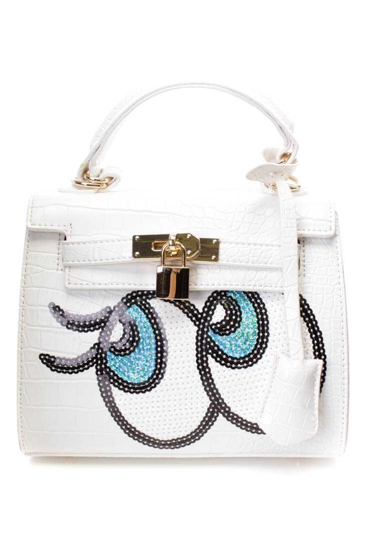 White Faux Croc Skin Sequin Eyes Patch Handbag
