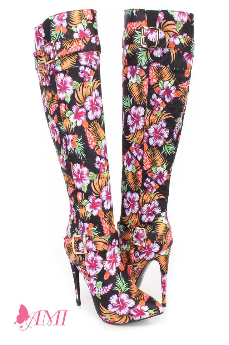 Pink Floral Print Single Sole High Heel Boots Fabric