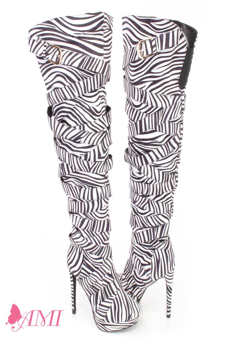 Zebra Wrap Around Strappy Thigh High Heel Boots Faux Suede