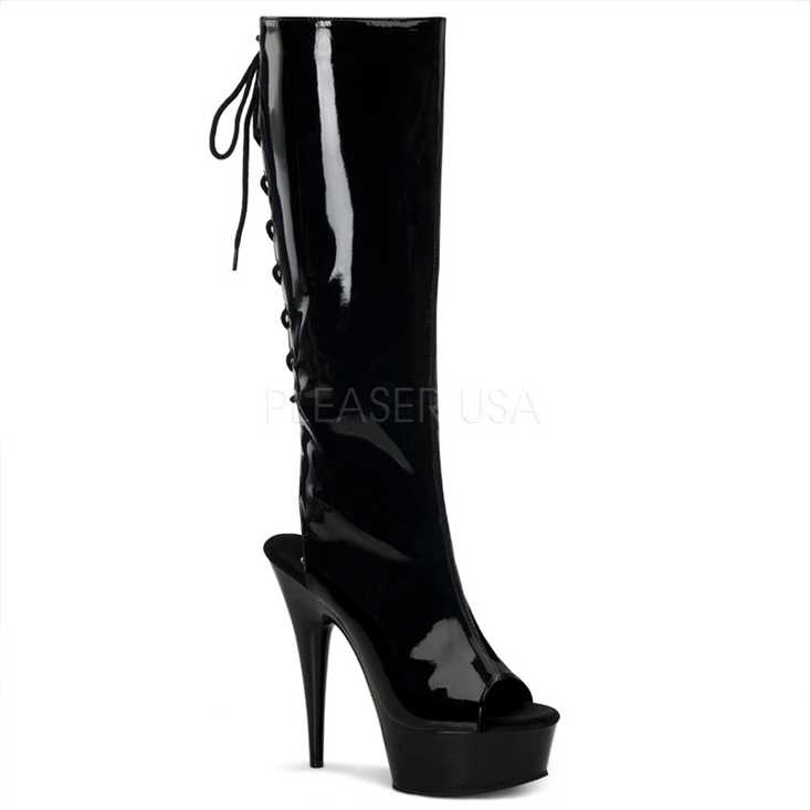 Black Patent Lace Up Peep Toe Knee High Boots